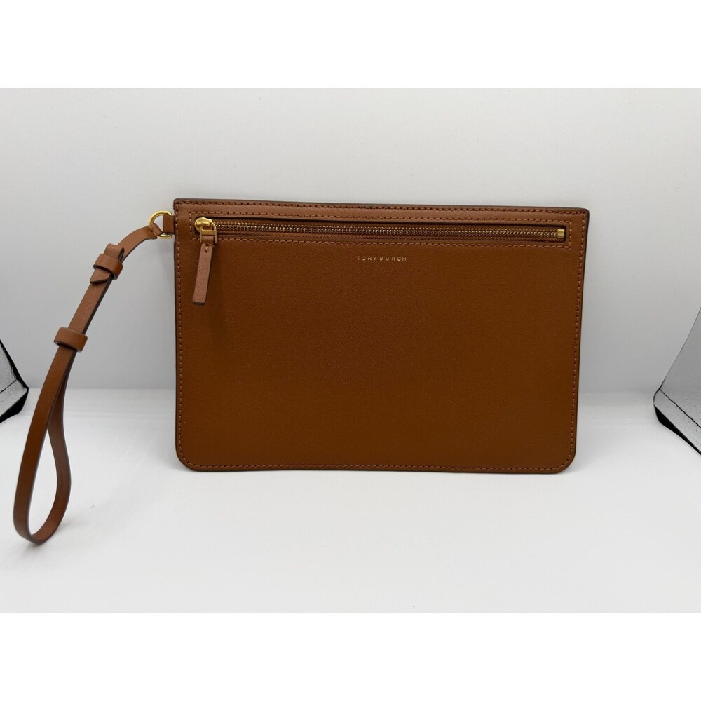 Tory Burch Brown Wristlet Clutch Zip Pouch Gold Tone Hardware Women's Handbag